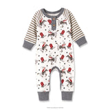 Baby onesie with cowboy print and striped sleeves on a white background
