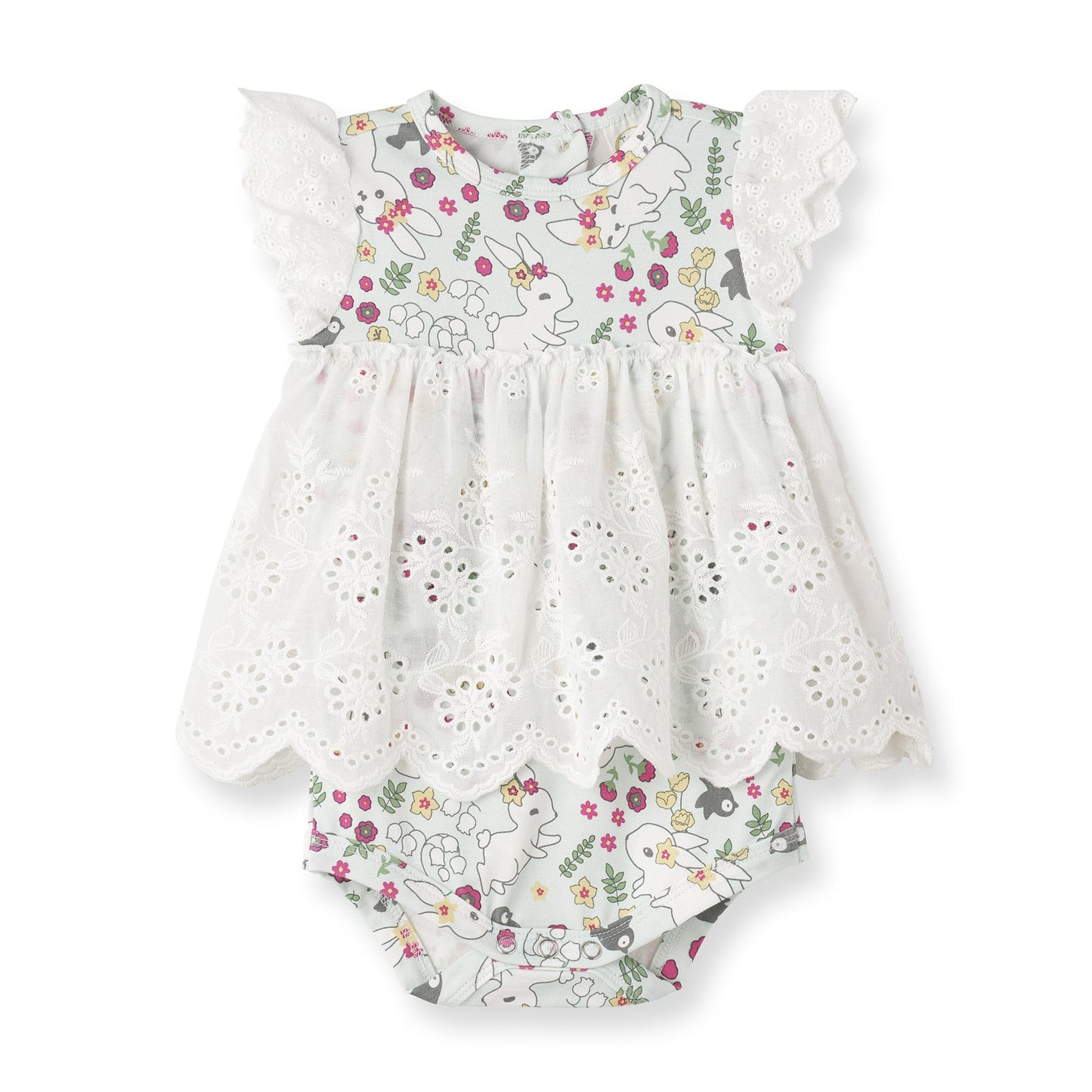 Baby romper with floral and animal pattern on a white background