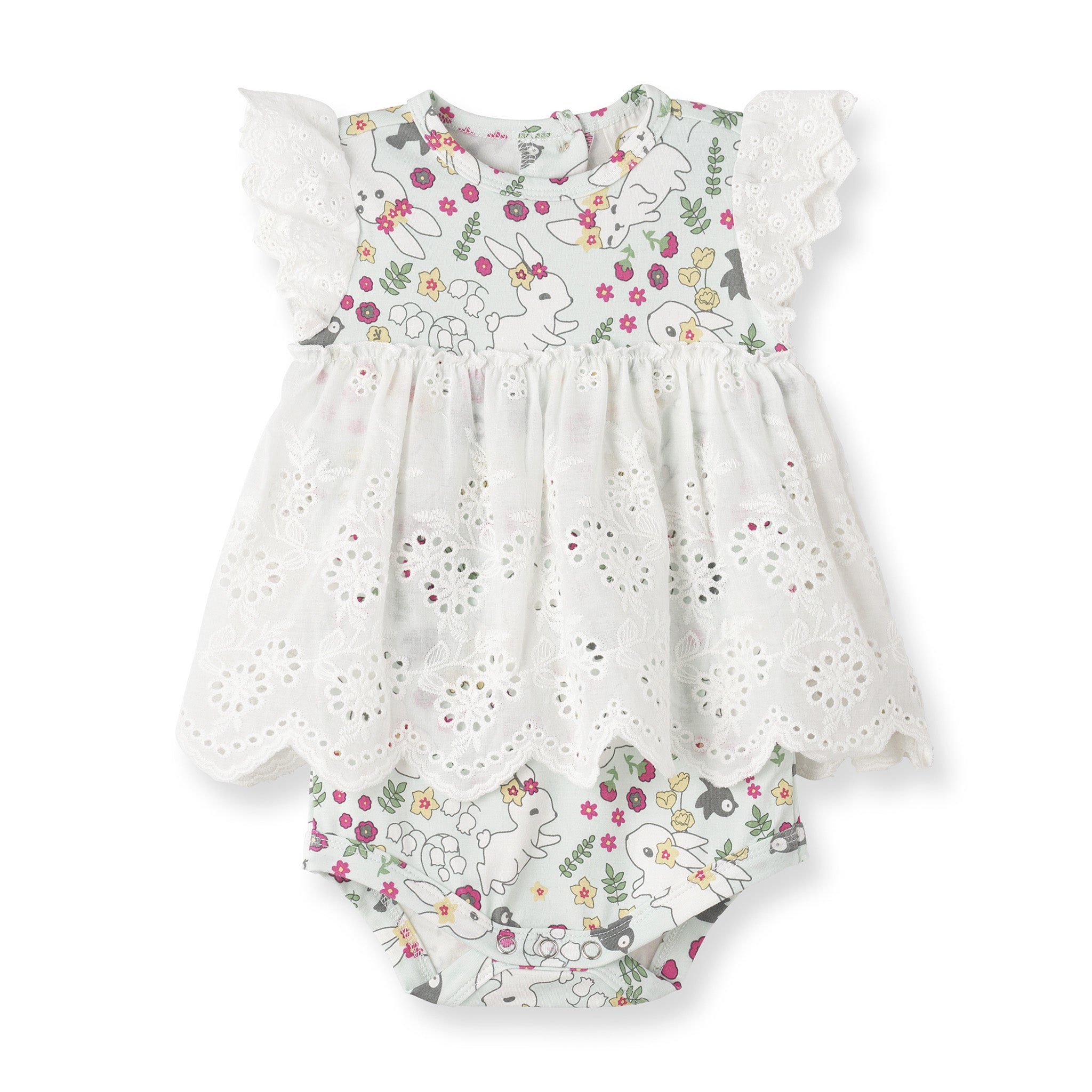 Baby romper with floral and animal pattern on a white background