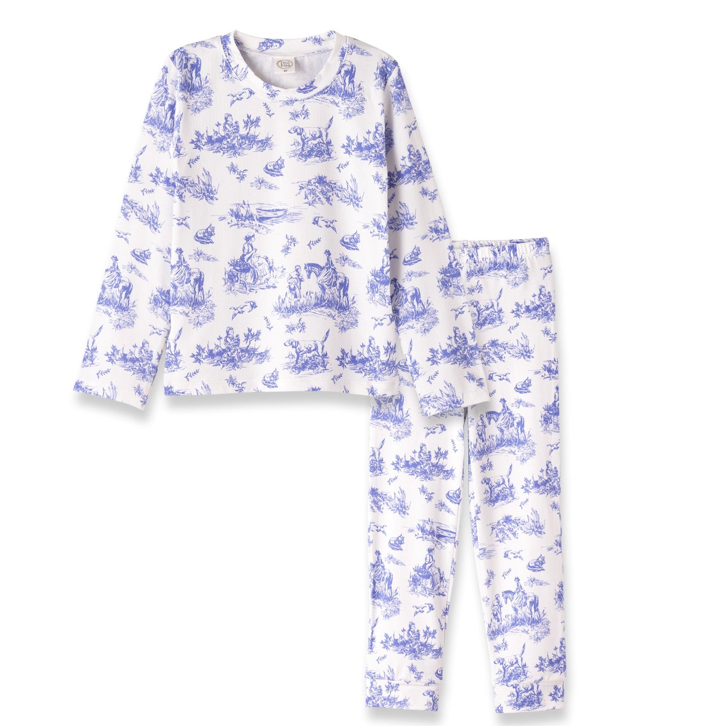 White pajama set with blue floral pattern on a white background
