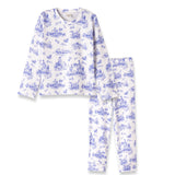 White pajama set with blue floral pattern on a white background