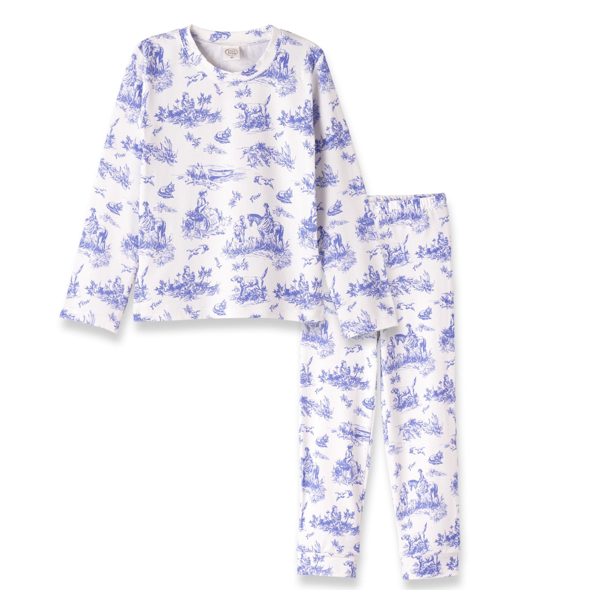 White pajama set with blue floral pattern on a white background