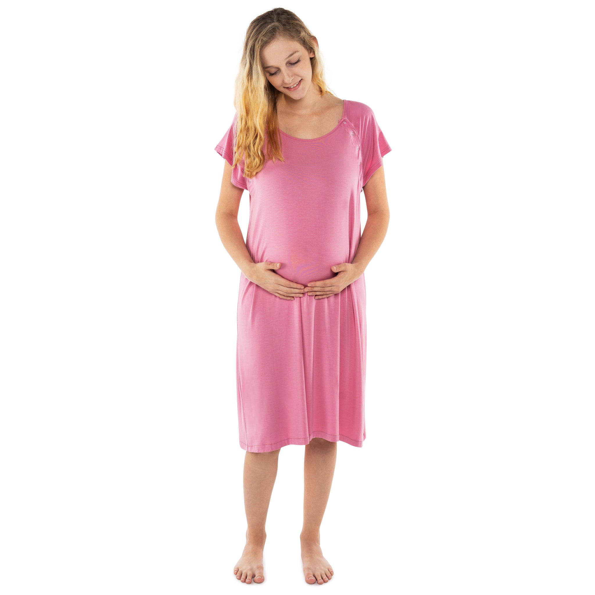 Ultra-soft, stretchy maternity gown with full backside coverage, perfect for pre and post-baby comfort.Ultra-soft, stretchy maternity gown with full backside coverage, perfect for pre and post-baby comfort.
