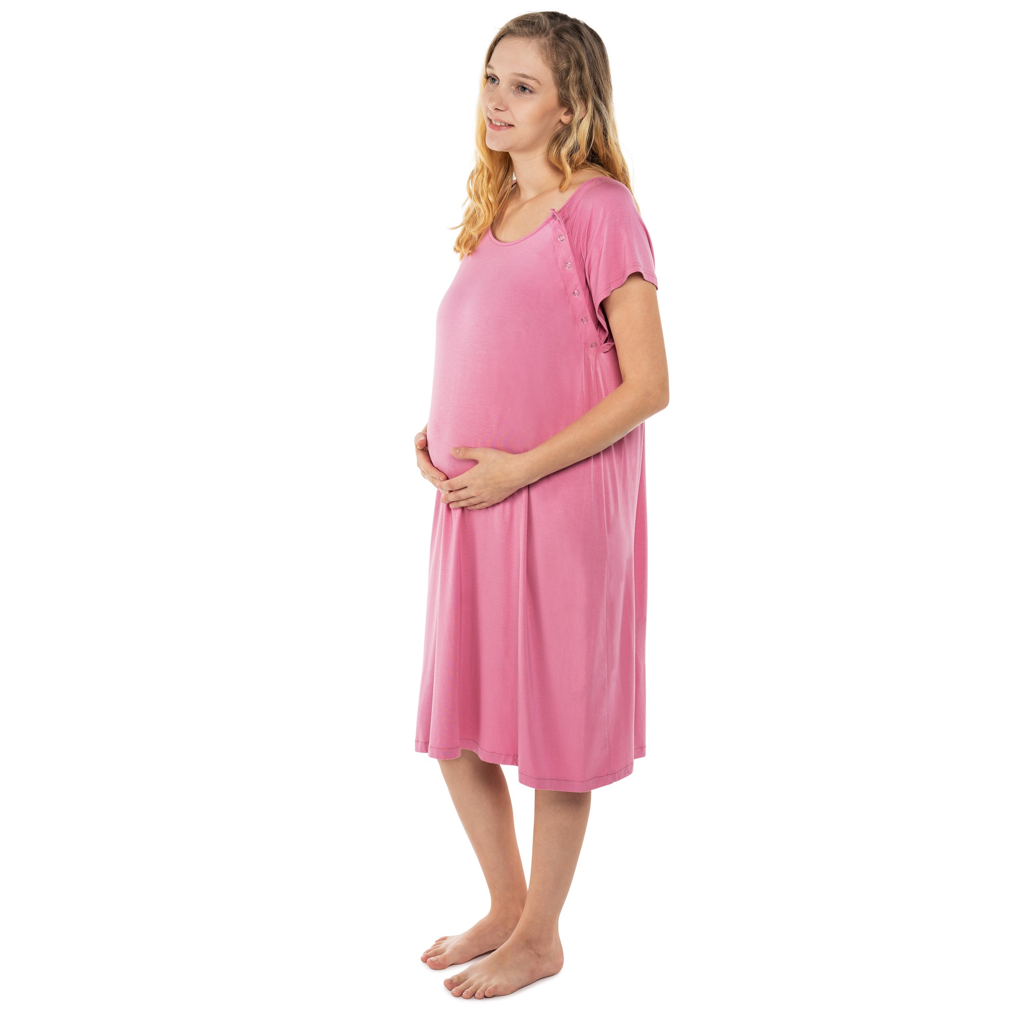 Ultra-soft, stretchy maternity gown with full backside coverage, perfect for pre and post-baby comfort.