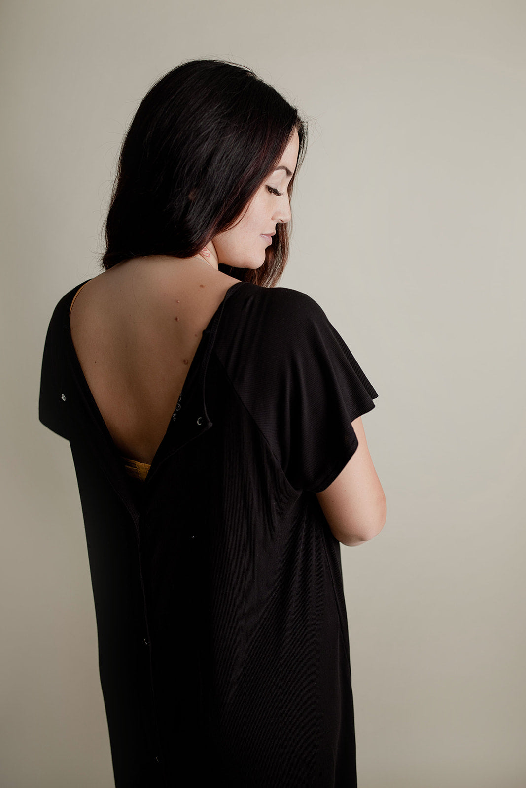 Ultra-soft, stretchy maternity gown with full backside coverage, perfect for pre and post-baby comfort.