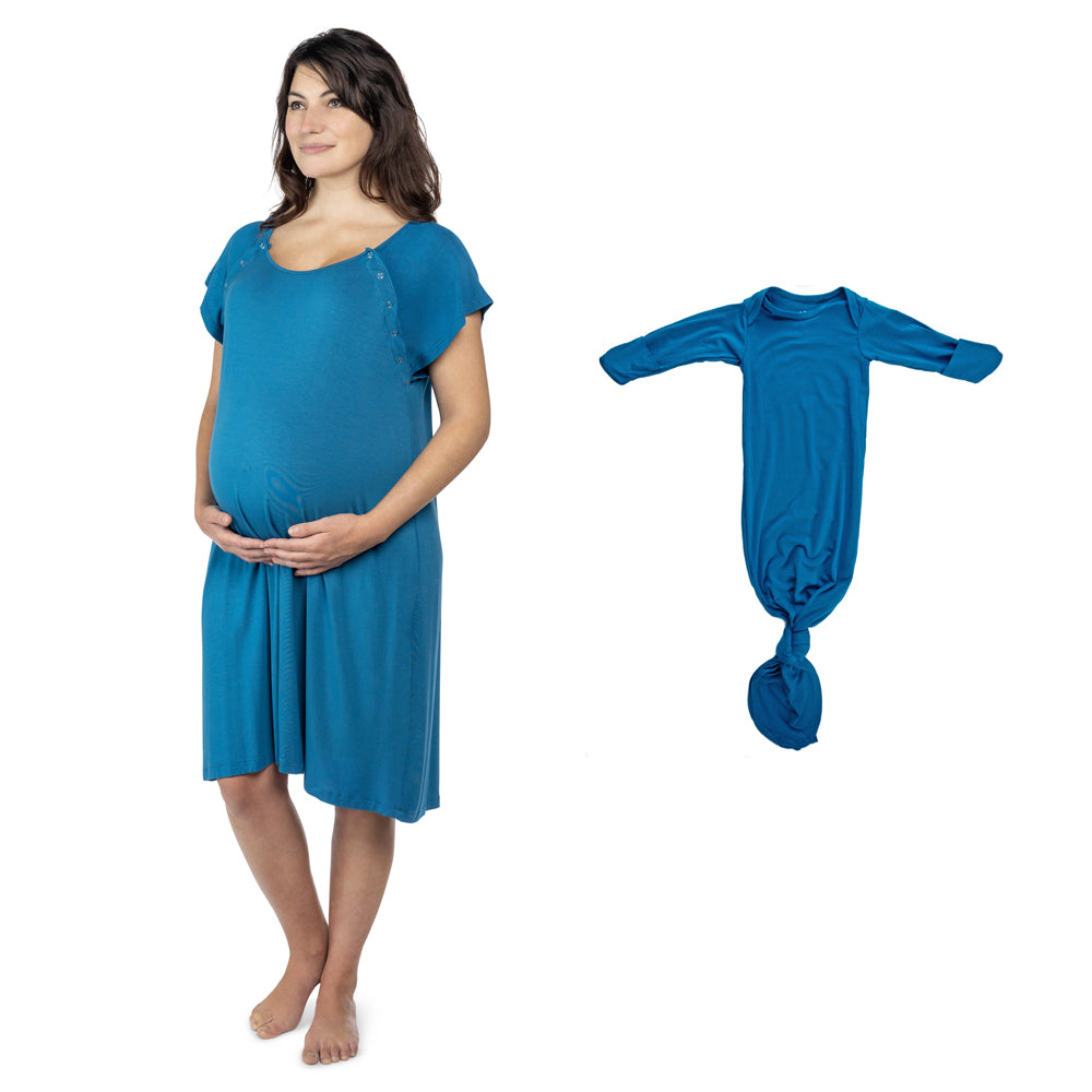 Coordinated nursing gown and newborn baby gown for stylish comfort and convenience during postpartum period.