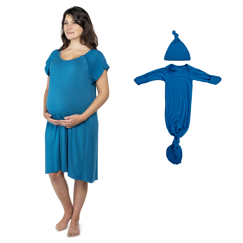 Coordinated nursing gown and newborn baby gown for stylish comfort and convenience during postpartum period.