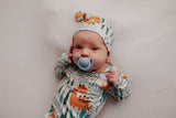 Ultra-soft Dinosaur baby gowns with stretchy fabric and tie bottom for easy night-time diaper changes.