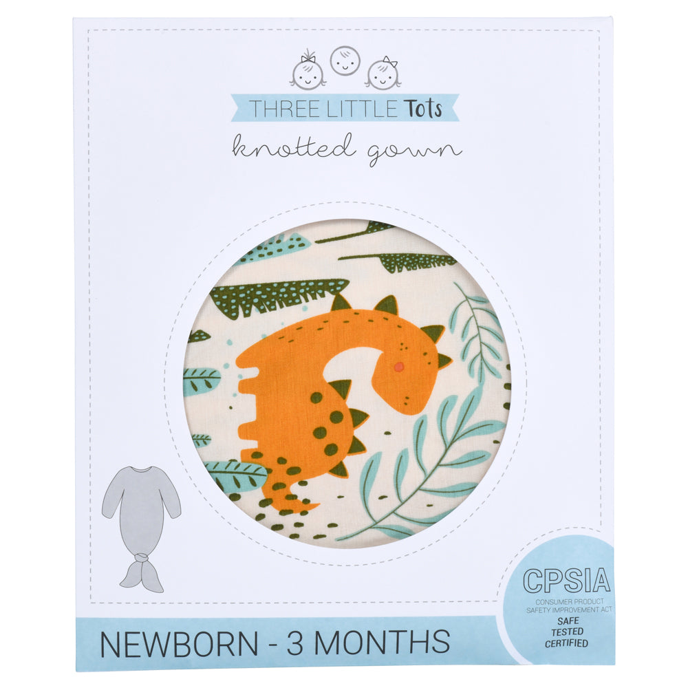 Ultra-soft Dinosaur baby gowns with stretchy fabric and tie bottom for easy night-time diaper changes.