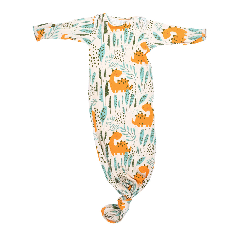 Ultra-soft Dinosaur baby gowns with stretchy fabric and tie bottom for easy night-time diaper changes.