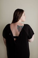 Plus size hospital gown for labor with snaps for easy breastfeeding, skin-to-skin, and IV access.