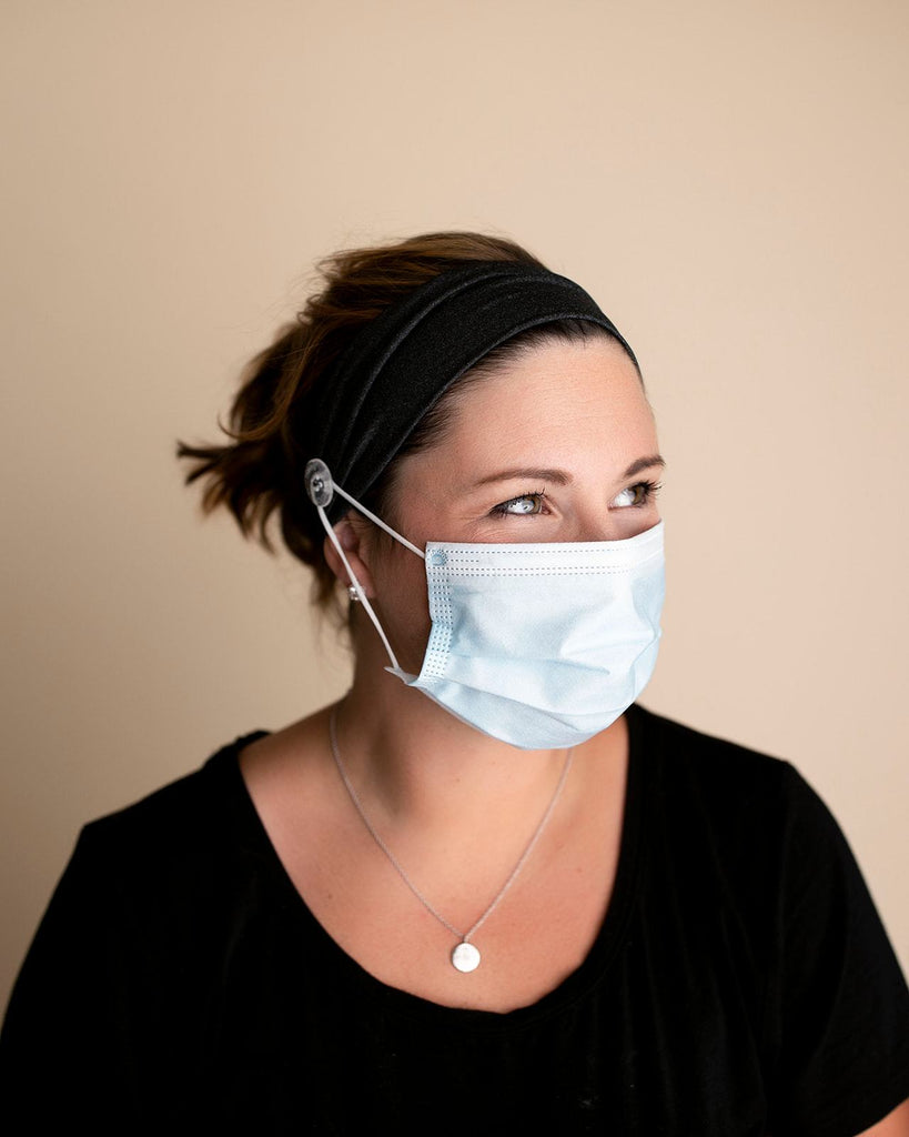 Comfortable headbands with button enclosure make mask-wearing easy for nurses on long shifts.