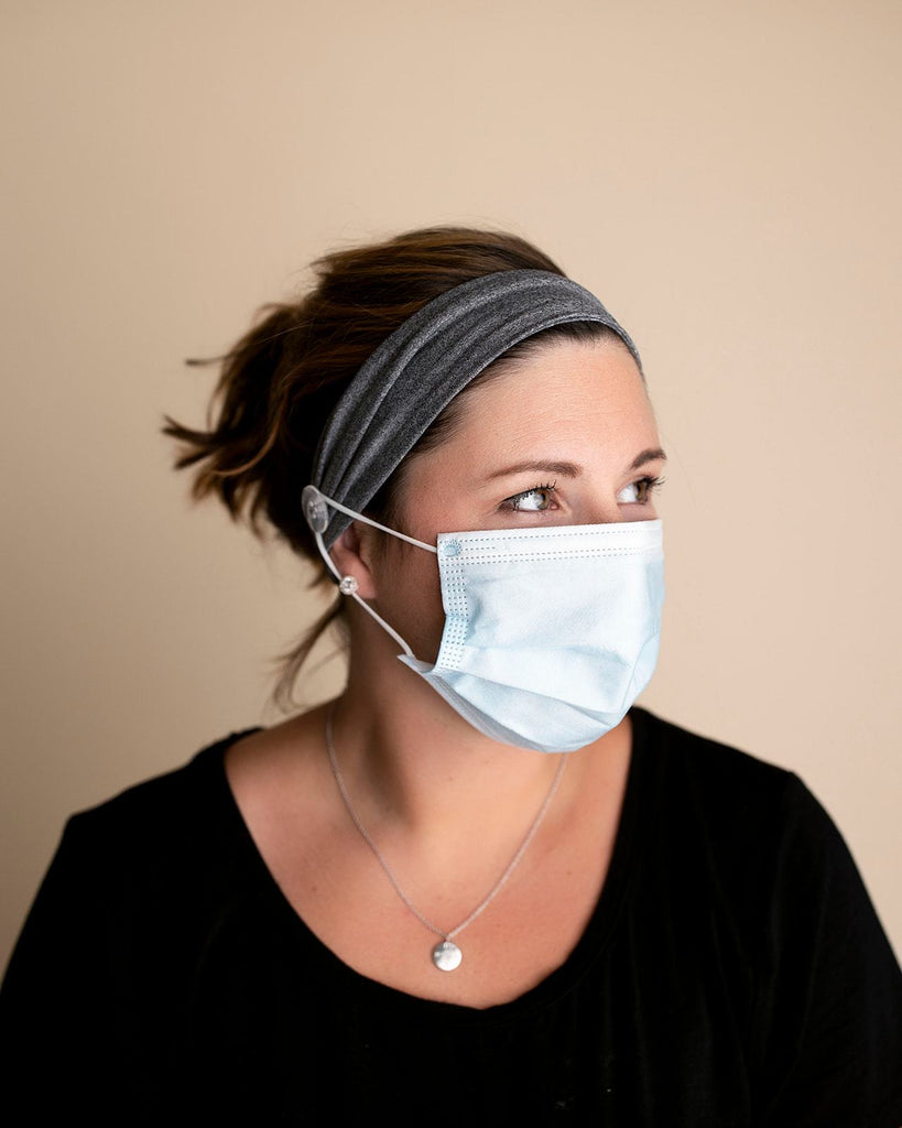 Comfortable headbands with button enclosure make mask-wearing easy for nurses on long shifts.