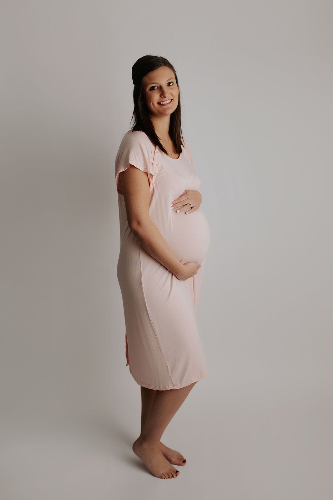 Pregnant mom modeling the Heavenly Pink Three Little Tots Labor and Delivery Gown