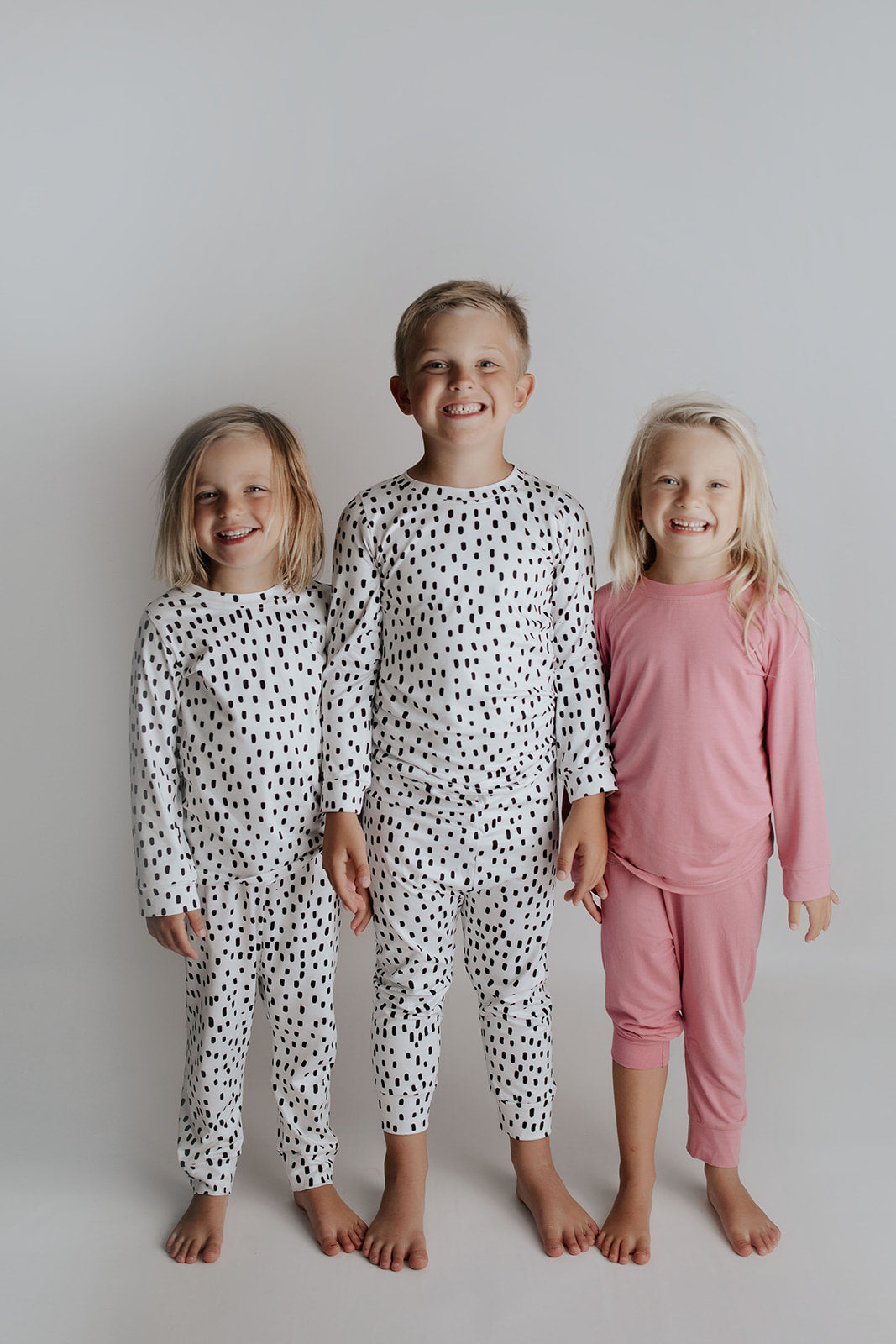 Polka Dot Toddler and big kid jammies in matching prints and solids, designed for comfy bedtime or lounging all day.