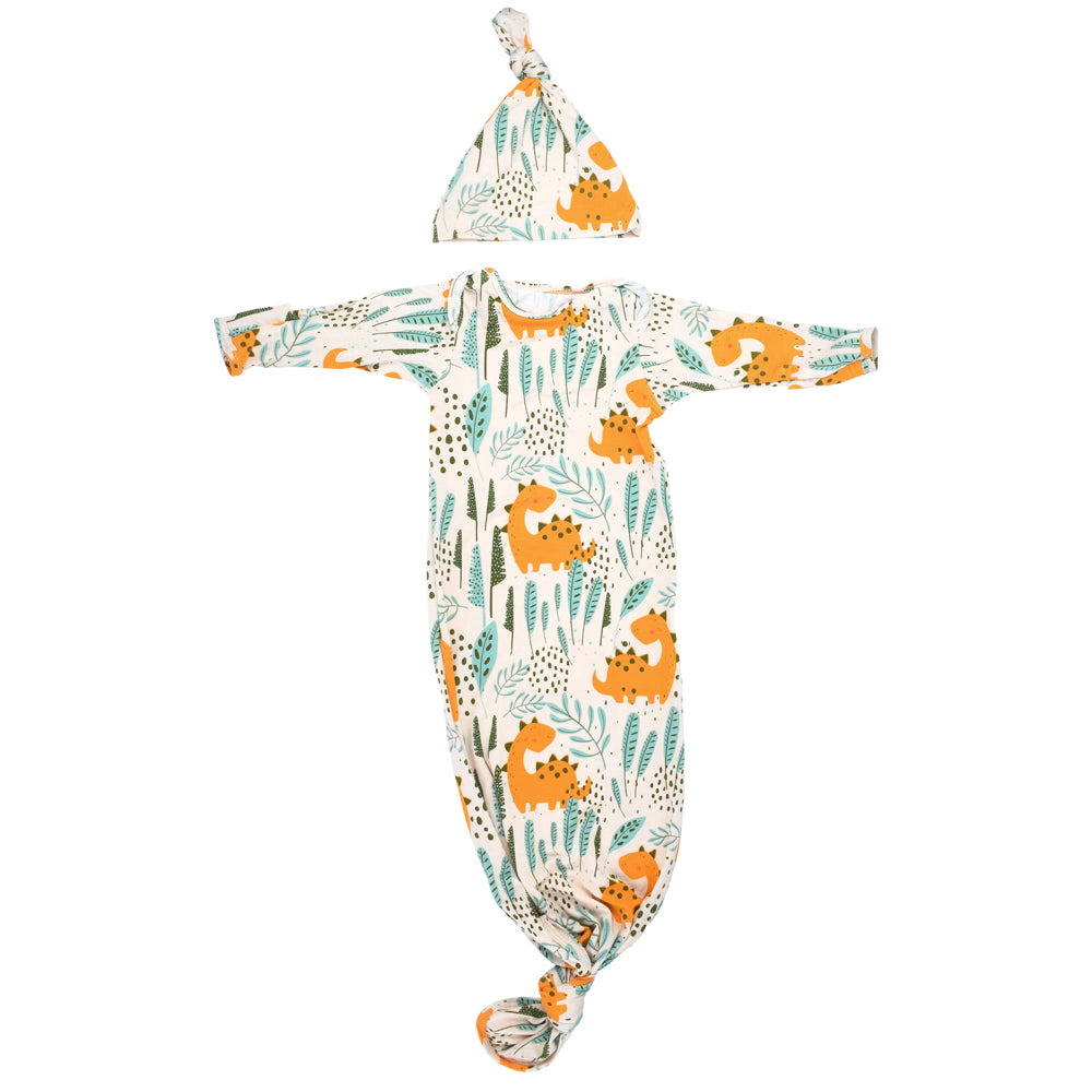 Ultra-soft Dinosaur baby gowns with stretchy fabric and tie bottom for easy night-time diaper changes.