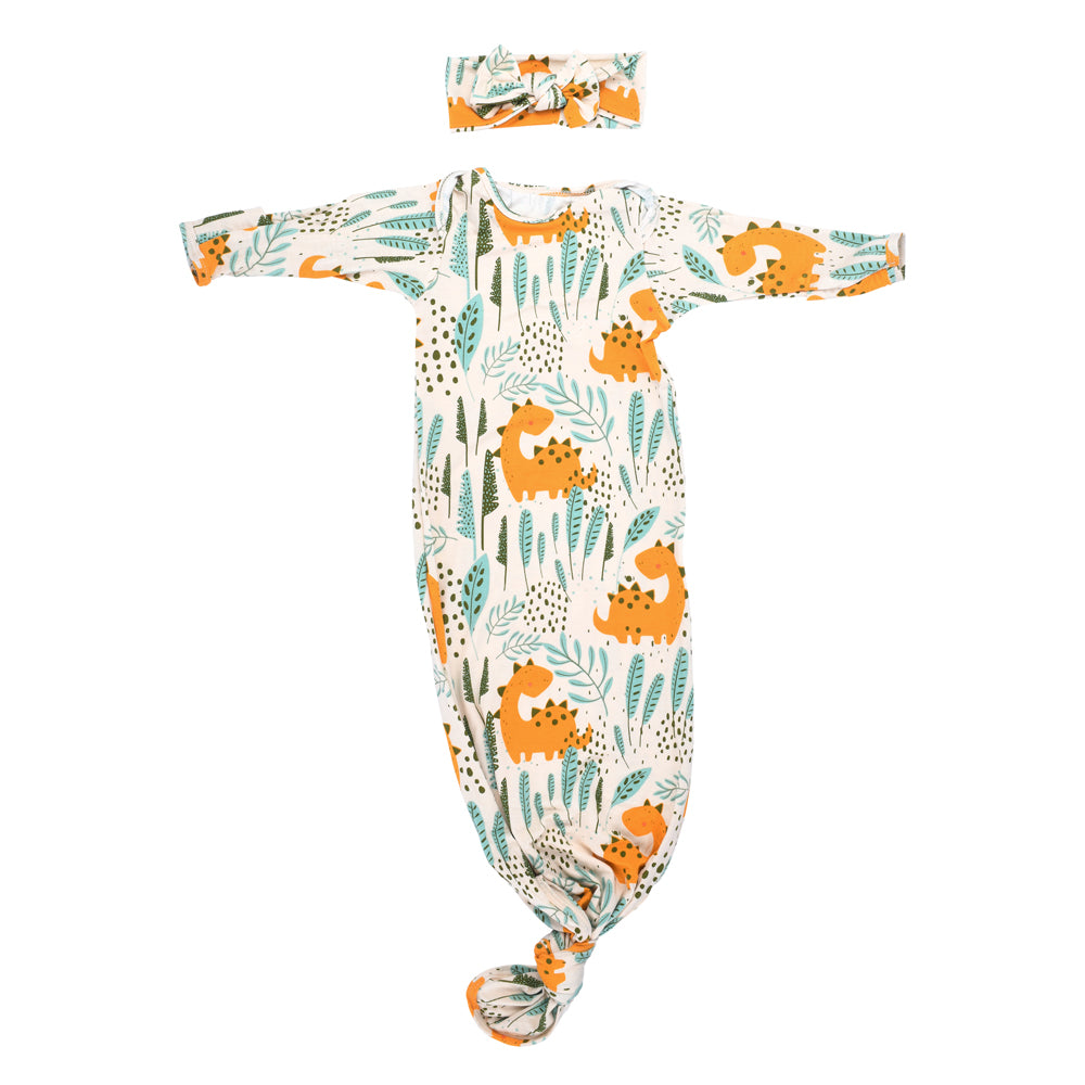 Ultra-soft Dinosaur baby gowns with stretchy fabric and tie bottom for easy night-time diaper changes.