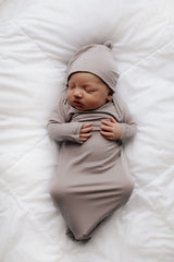 newborn baby in a Three Little Tots Harbor Mist Knotted Gown