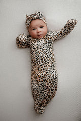 Fold over mittens on the Three Little Tots Leopard Knotted baby gowns