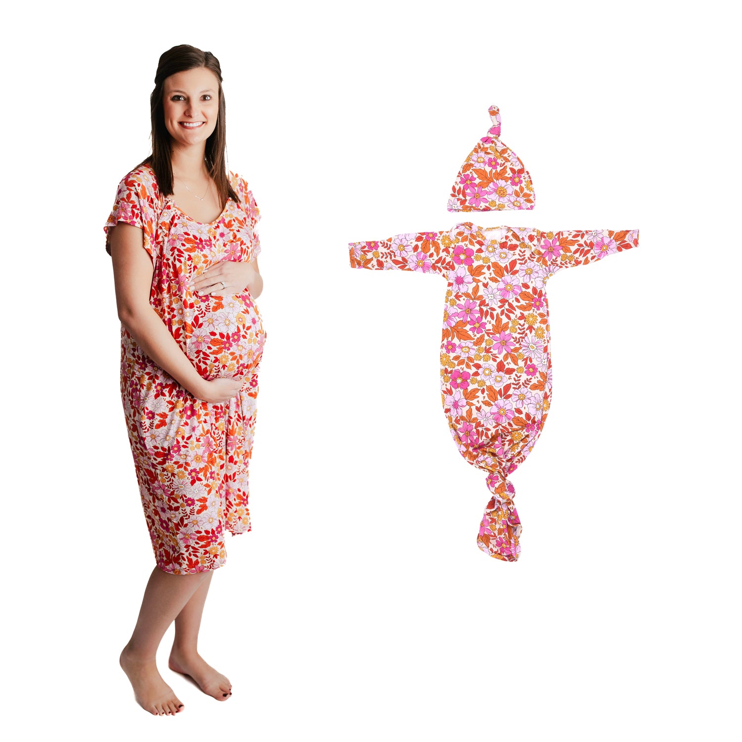 Matching Three Little Tots Mommy and Me Labor Gown and knotted baby gown