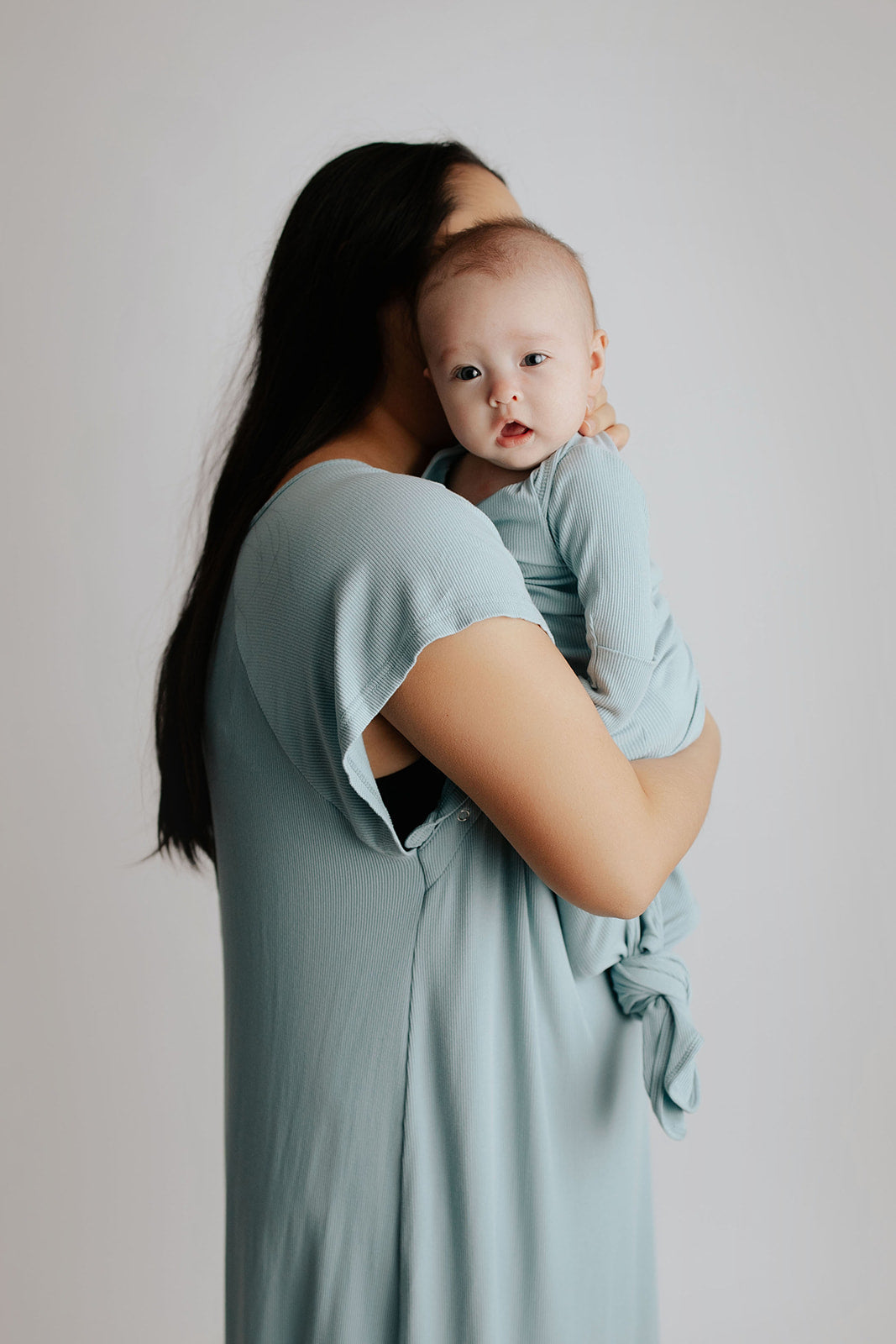 Soft, matching nursing and baby gowns that provide ease for new moms and comfort for newborns.
