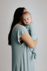 Plus size hospital gown for labor with snaps for easy breastfeeding, skin-to-skin, and IV access.