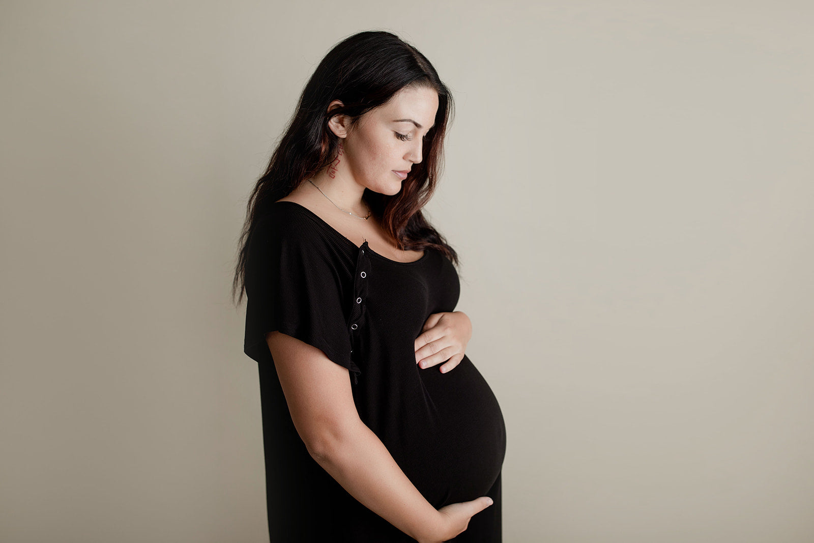 Ultra-soft, stretchy maternity gown with full backside coverage, perfect for pre and post-baby comfort.