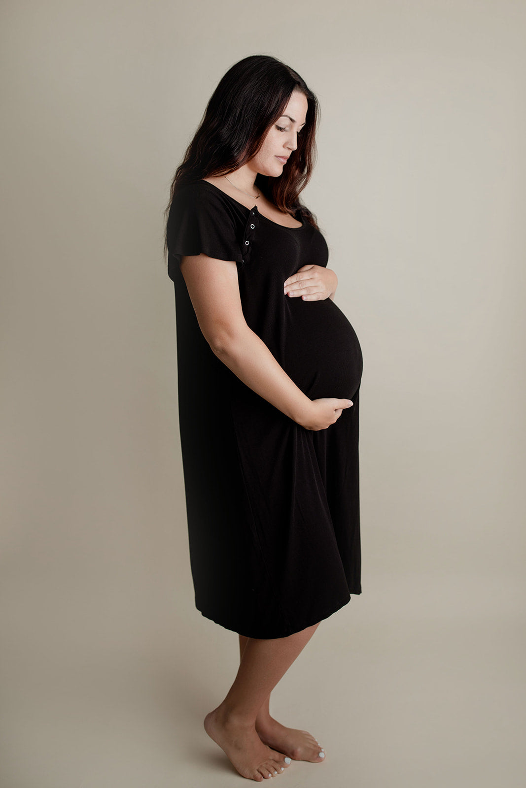Ultra-soft, stretchy maternity gown with full backside coverage, perfect for pre and post-baby comfort.