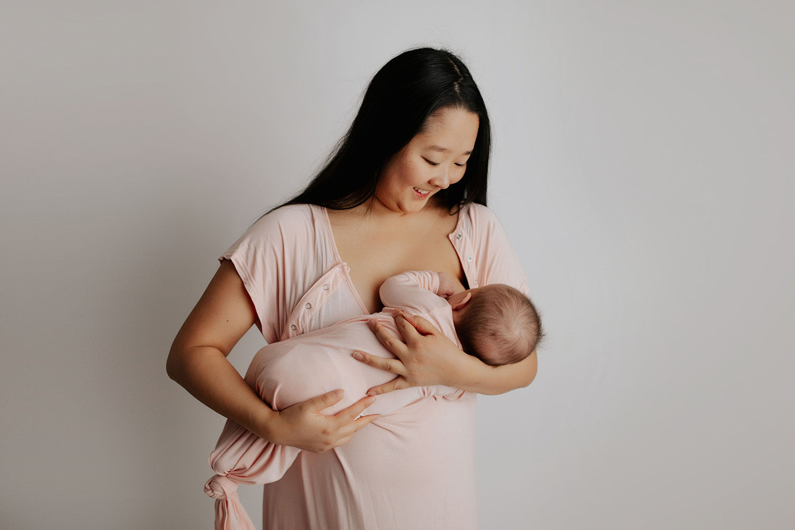 heavenly pink matching mommy and me gown. Labor gown is perfect for labor and delivery and breastfeeding as seen in the photo. 