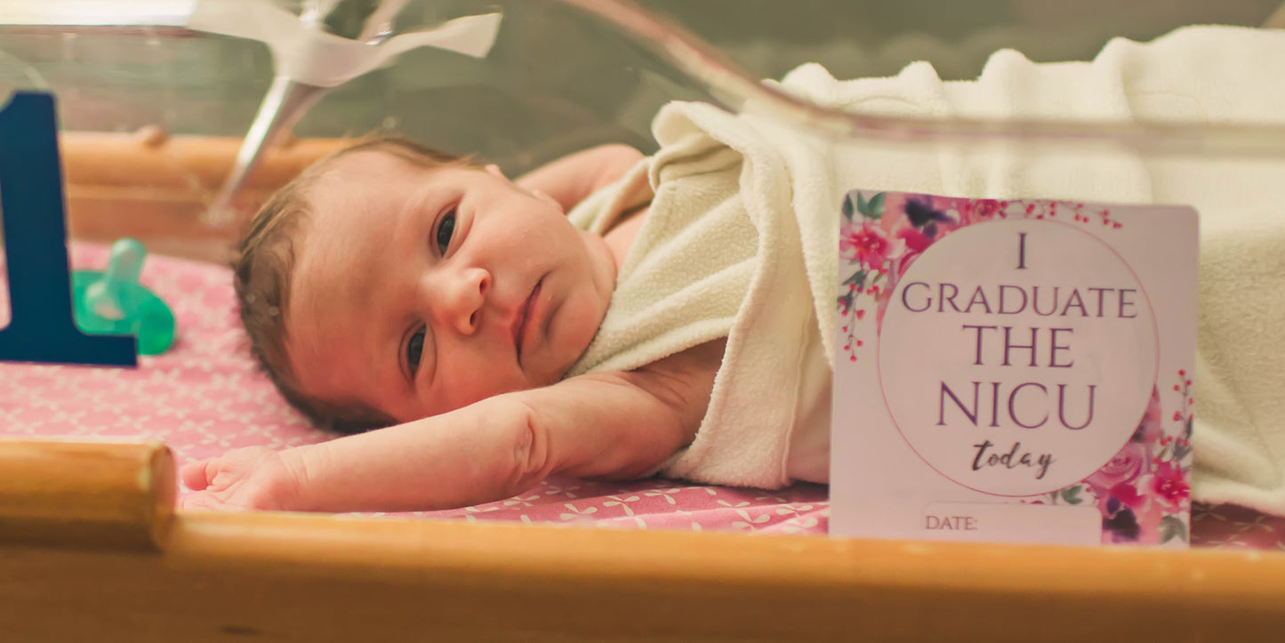 Three Little Tots NICU Milestone card next to a Premature baby girl in the NICU