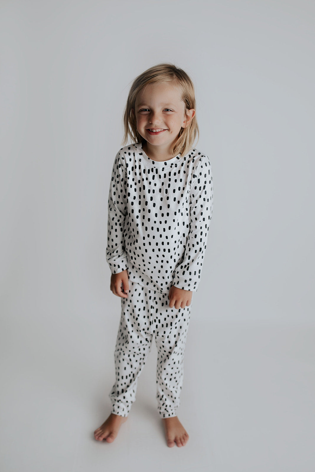 Polka Dot Toddler and big kid jammies in matching prints and solids, designed for comfy bedtime or lounging all day.