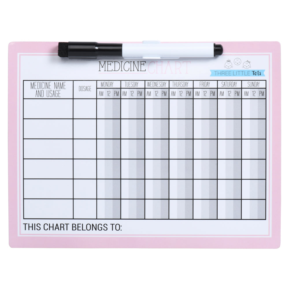 Pink - Kids Medicine Magnetic Refrigerator Chart with Marker