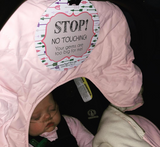 Newborn baby girl with a Three Little Tots No Touching Car seat sign