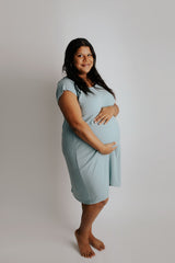 Plus size hospital gown for labor with snaps for easy breastfeeding, skin-to-skin, and IV access.