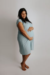 Plus size hospital gown for labor with snaps for easy breastfeeding, skin-to-skin, and IV access.