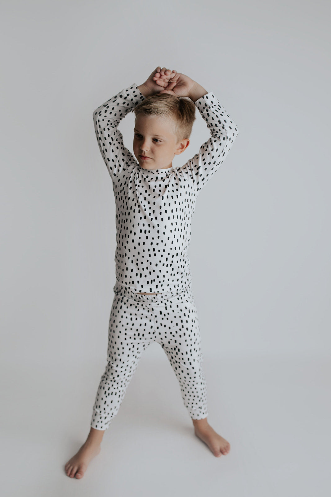 Polka Dot Toddler and big kid jammies in matching prints and solids, designed for comfy bedtime or lounging all day.