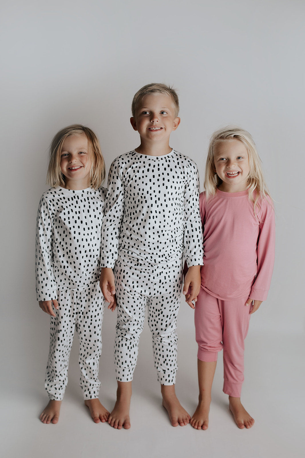 Polka Dot Toddler and big kid jammies in matching prints and solids, designed for comfy bedtime or lounging all day.