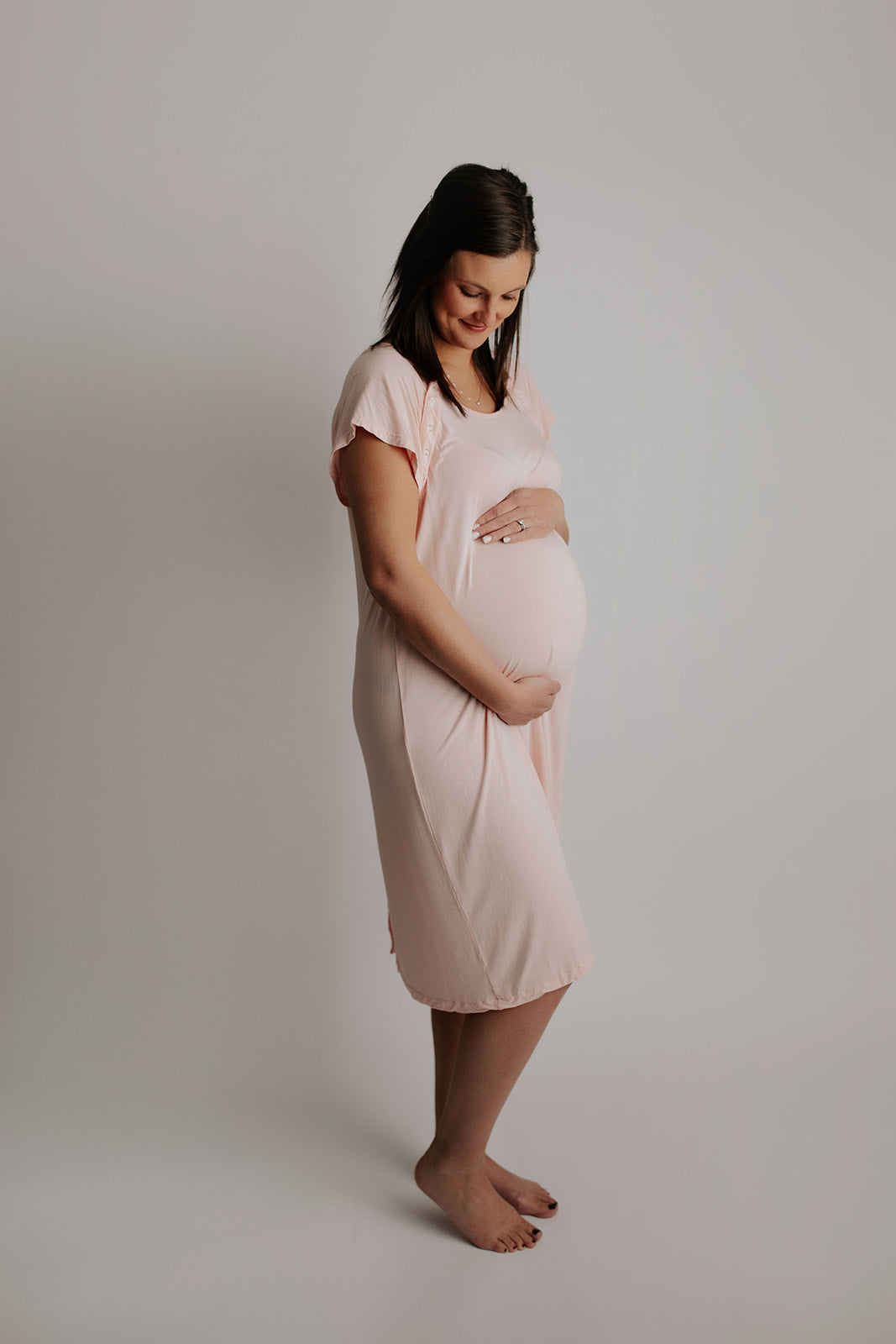 Pregnant mom modeling the Heavenly Pink Three Little Tots Labor and Delivery Gown