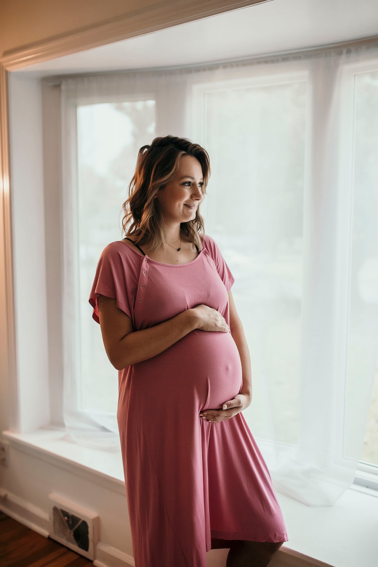 Ultra-soft, stretchy maternity gown with full backside coverage, perfect for pre and post-baby comfort.