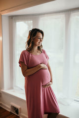 Ultra-soft, stretchy maternity gown with full backside coverage, perfect for pre and post-baby comfort.