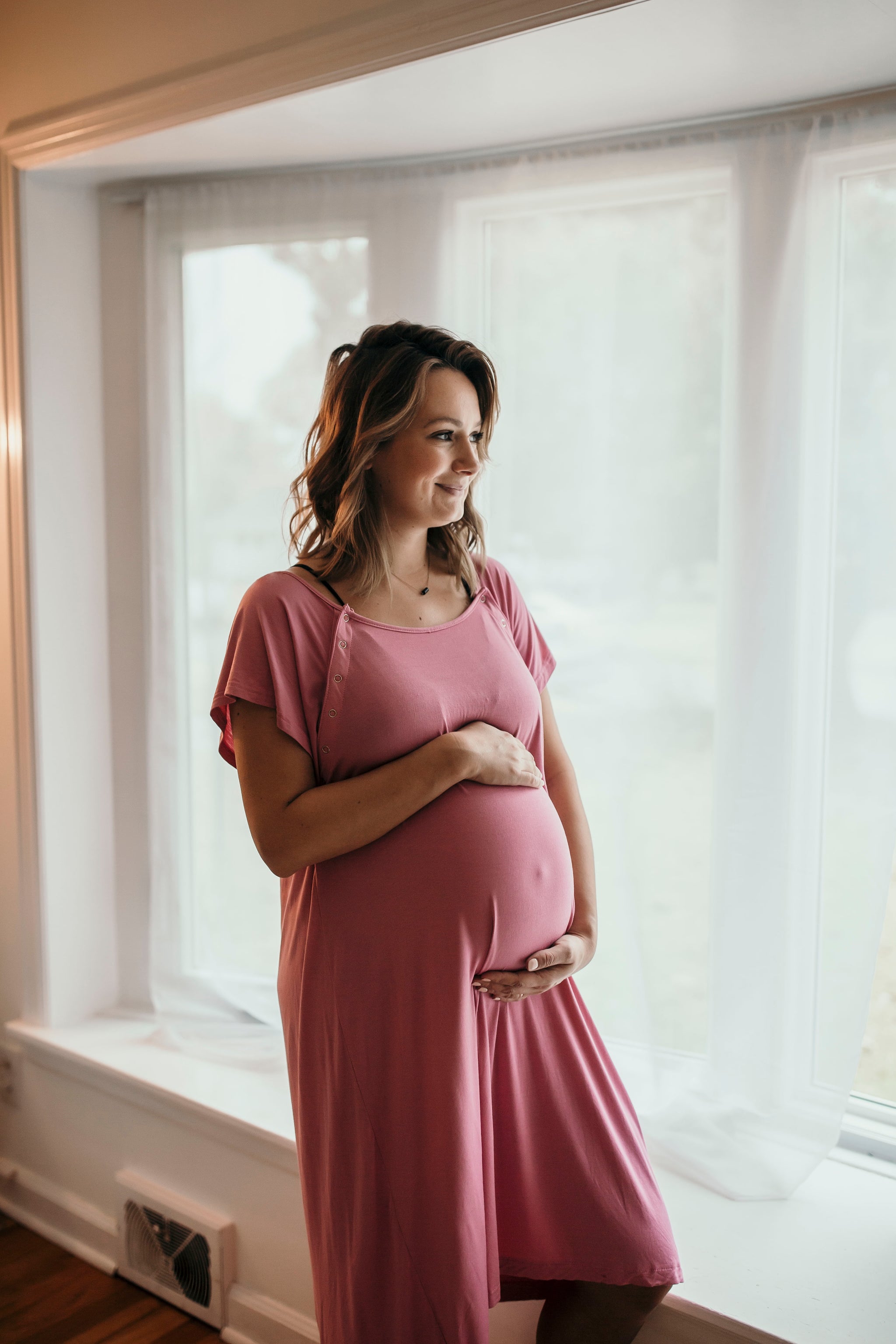 Ultra-soft, stretchy maternity gown with full backside coverage, perfect for pre and post-baby comfort.