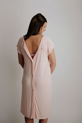 Snaps down the back of a Three Little Tots labor and delivery gown that allow the mom to be covered but allow for easy access for an epidural and monitors