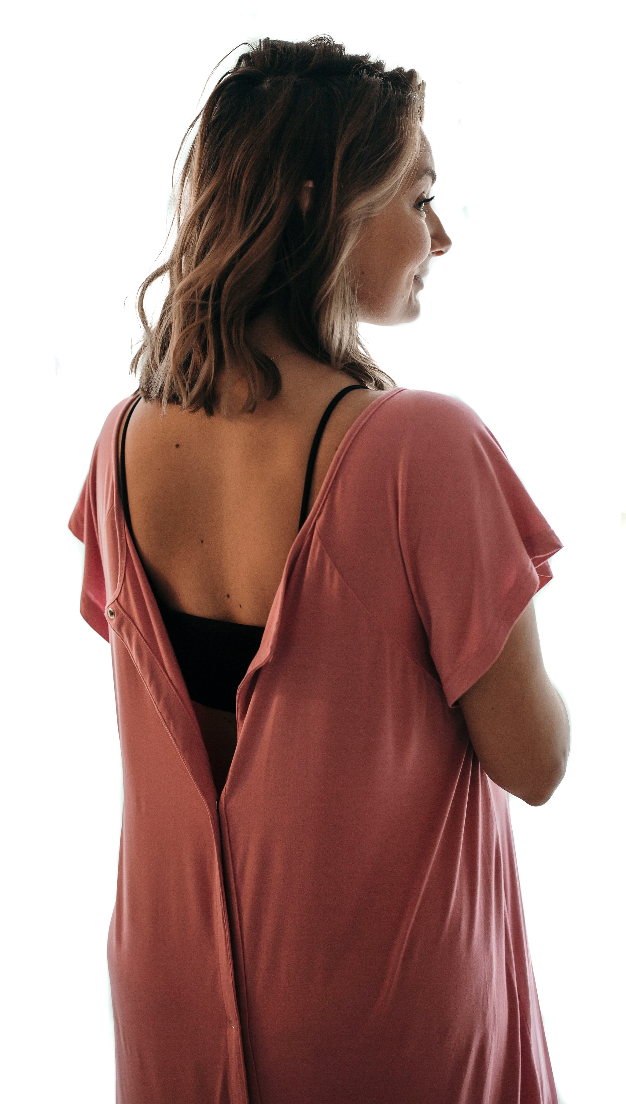 Ultra-soft, stretchy maternity gown with full backside coverage, perfect for pre and post-baby comfort.