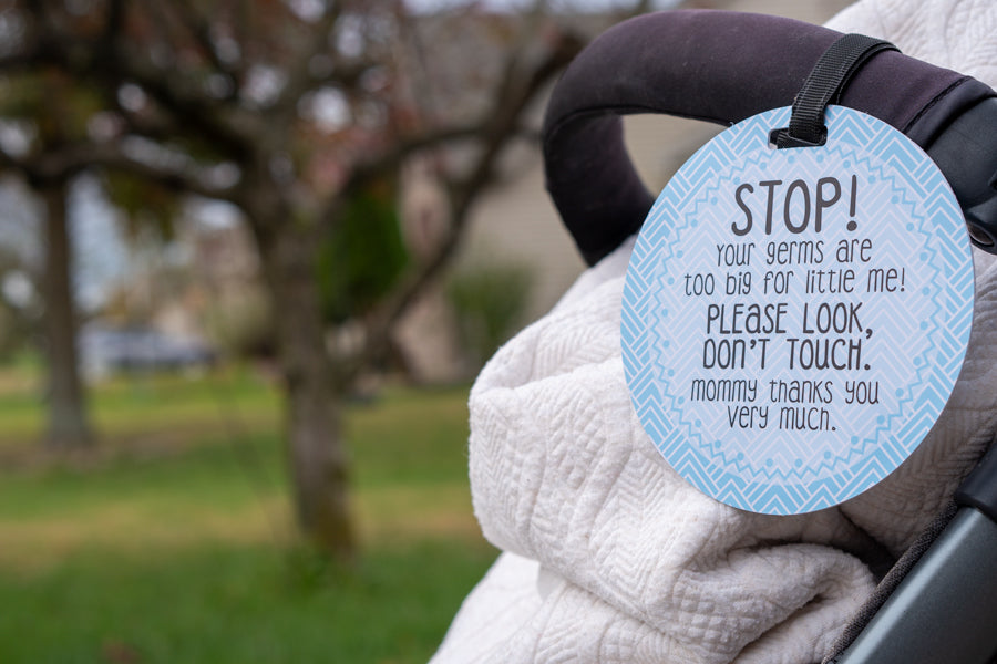Protect your baby from unwanted contact with adorable, polite signs for new moms on the go.