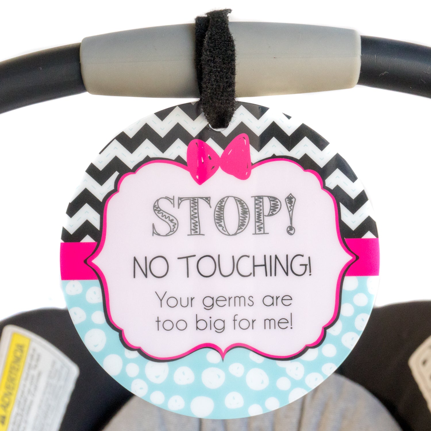Three Little Tots Girl Zig Zag Please Don't Touch My Baby Car Seat, attached to a car seat or stroller