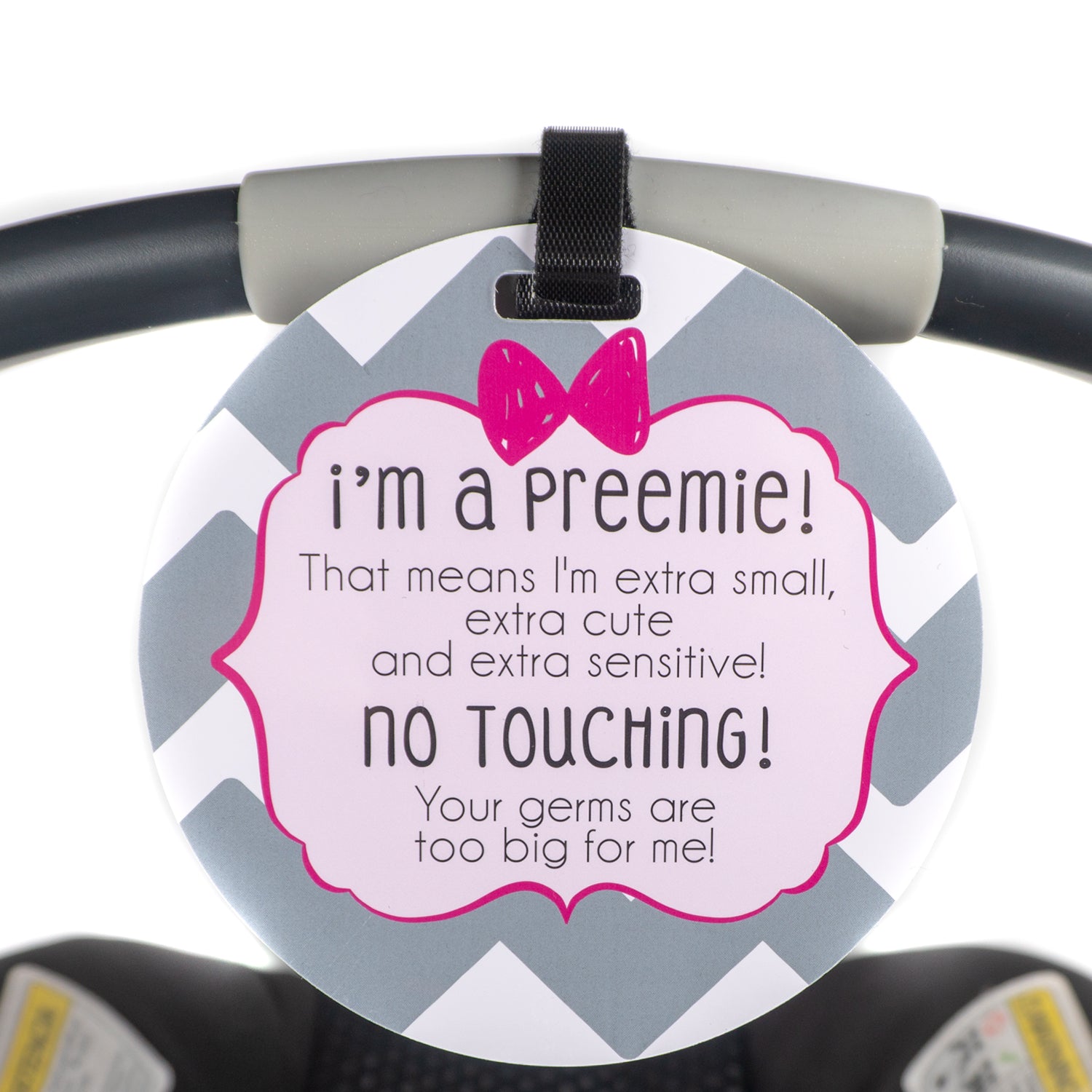 Three Little Tots Pink Preemie No Touching Newborn Car Seat, attached to a car seat or stroller