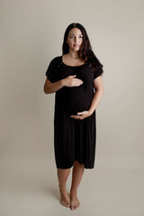 Ultra-soft, stretchy maternity gown with full backside coverage, perfect for pre and post-baby comfort.