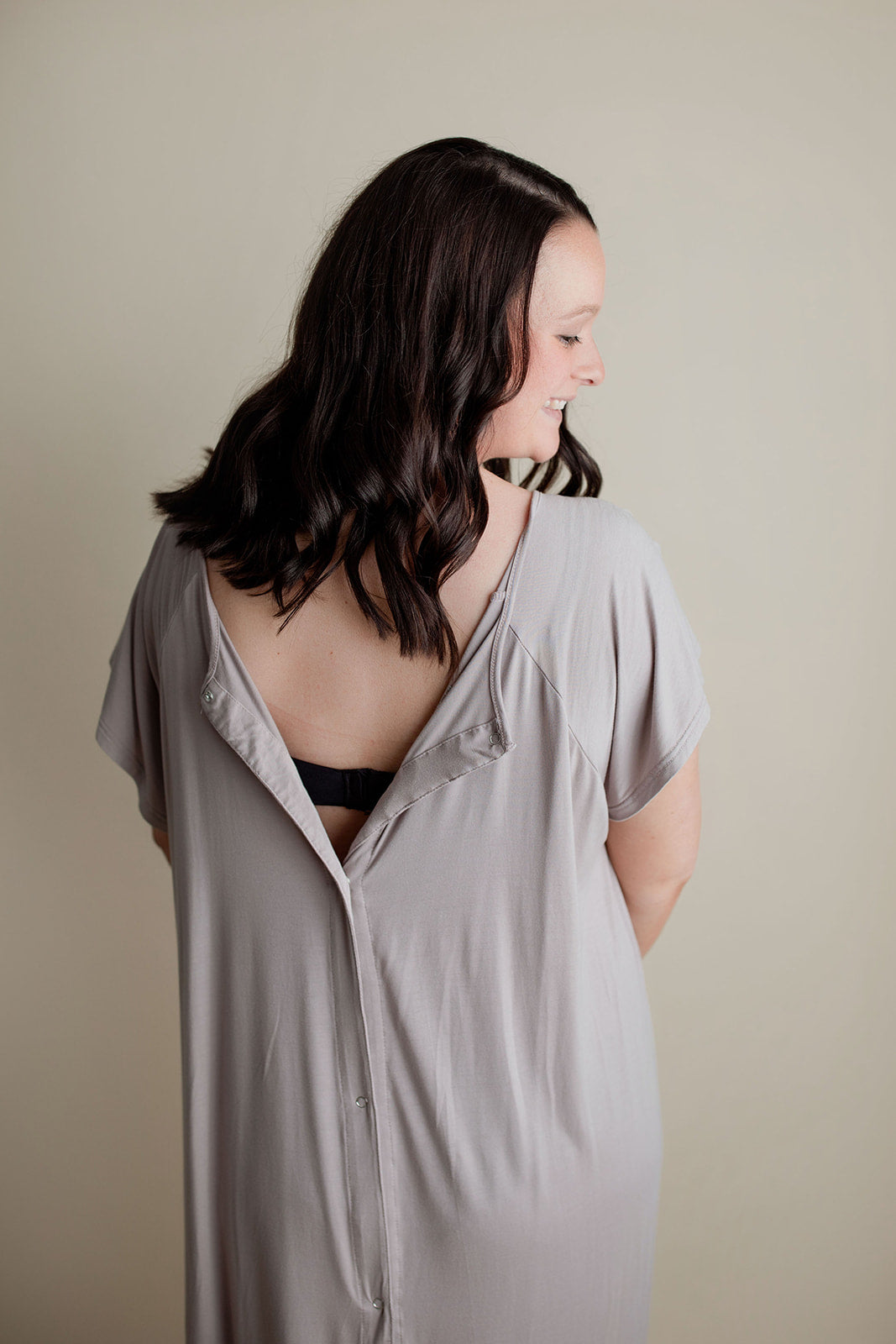 The back of the Three Little Tots hospital gown showing the snaps down the back that allow for easy access but keep you covered.