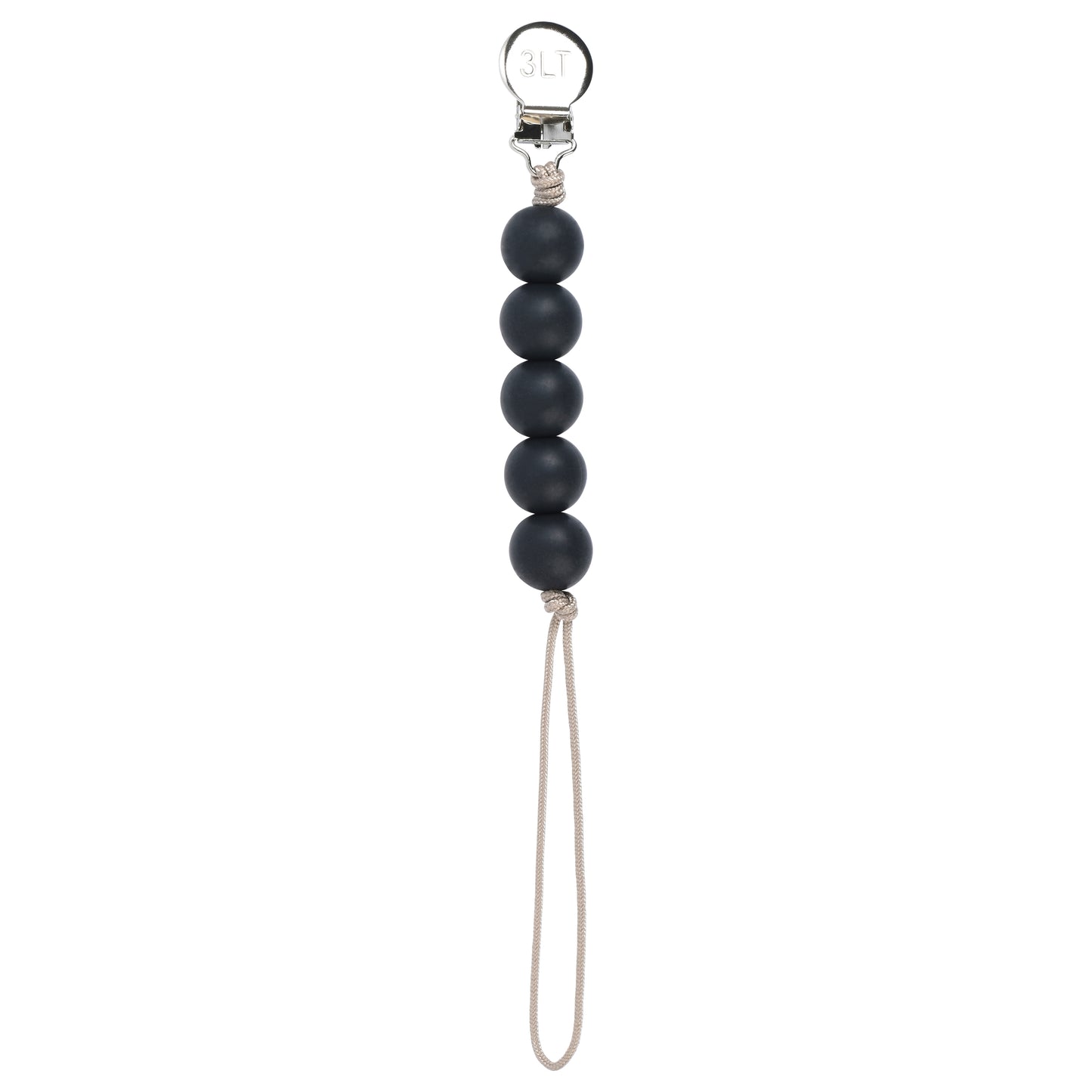 Three Little Tots Silicone pacifier clip with black beads. Handmade in the USA.