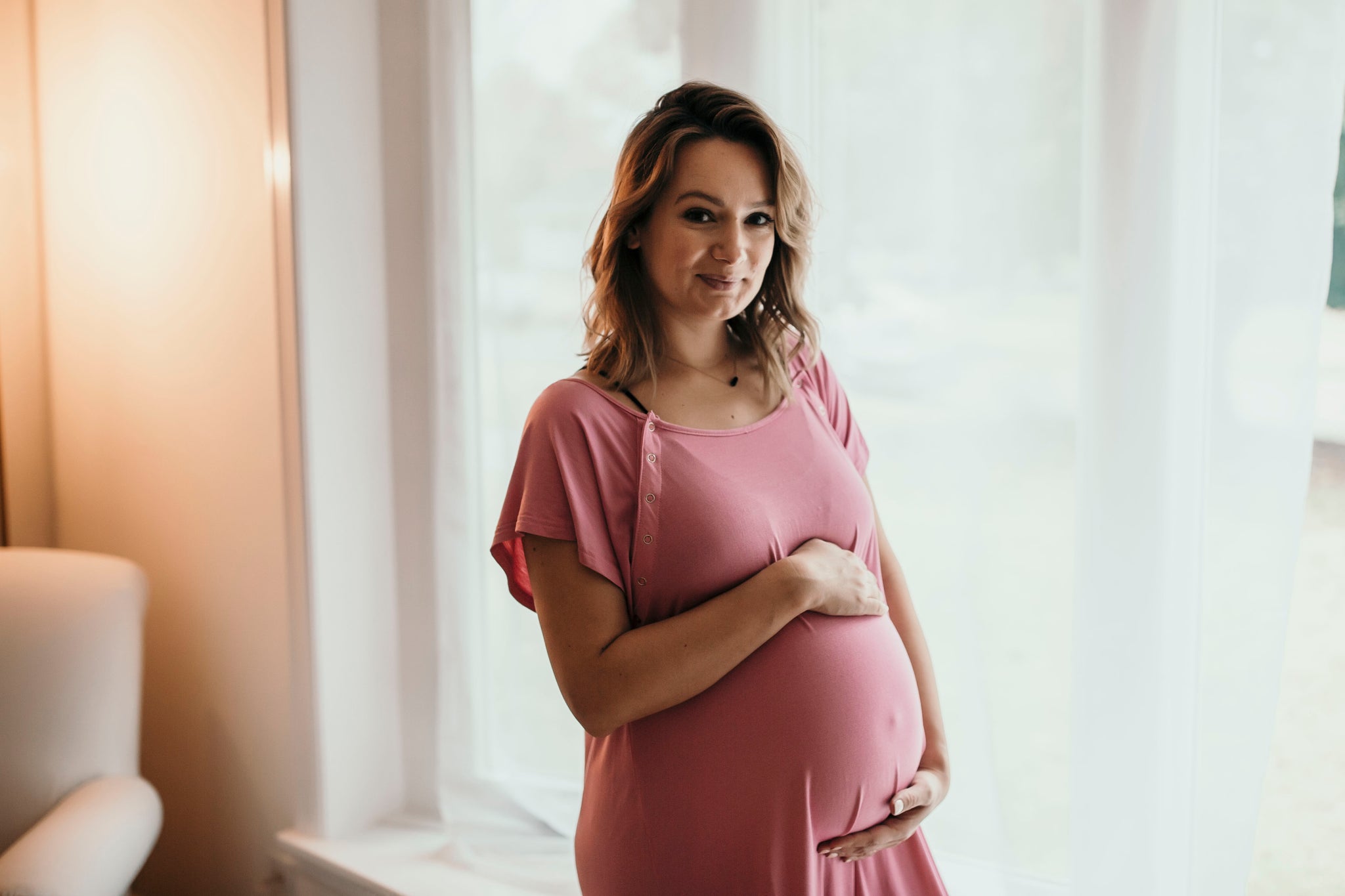 Ultra-soft, stretchy maternity gown with full backside coverage, perfect for pre and post-baby comfort.